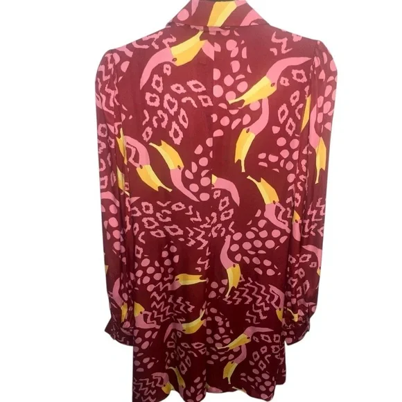 EUC FARM Rio Toucanissimo Long Sleeve Print Wrap Dress Burgundy Small Beaded - Picture 7 of 8